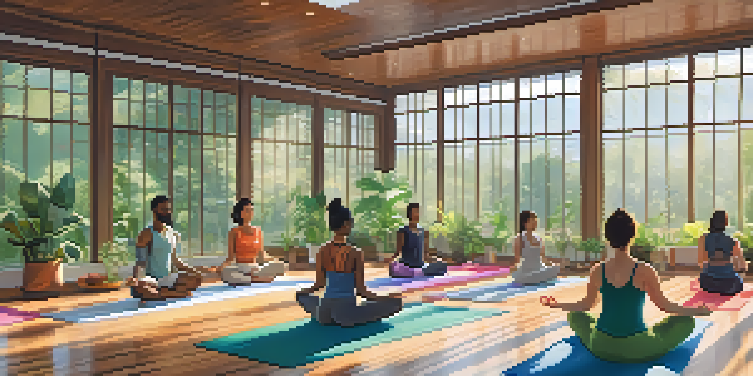 A diverse group of individuals practicing yoga in a serene studio with soft morning light and a view of a lush garden.
