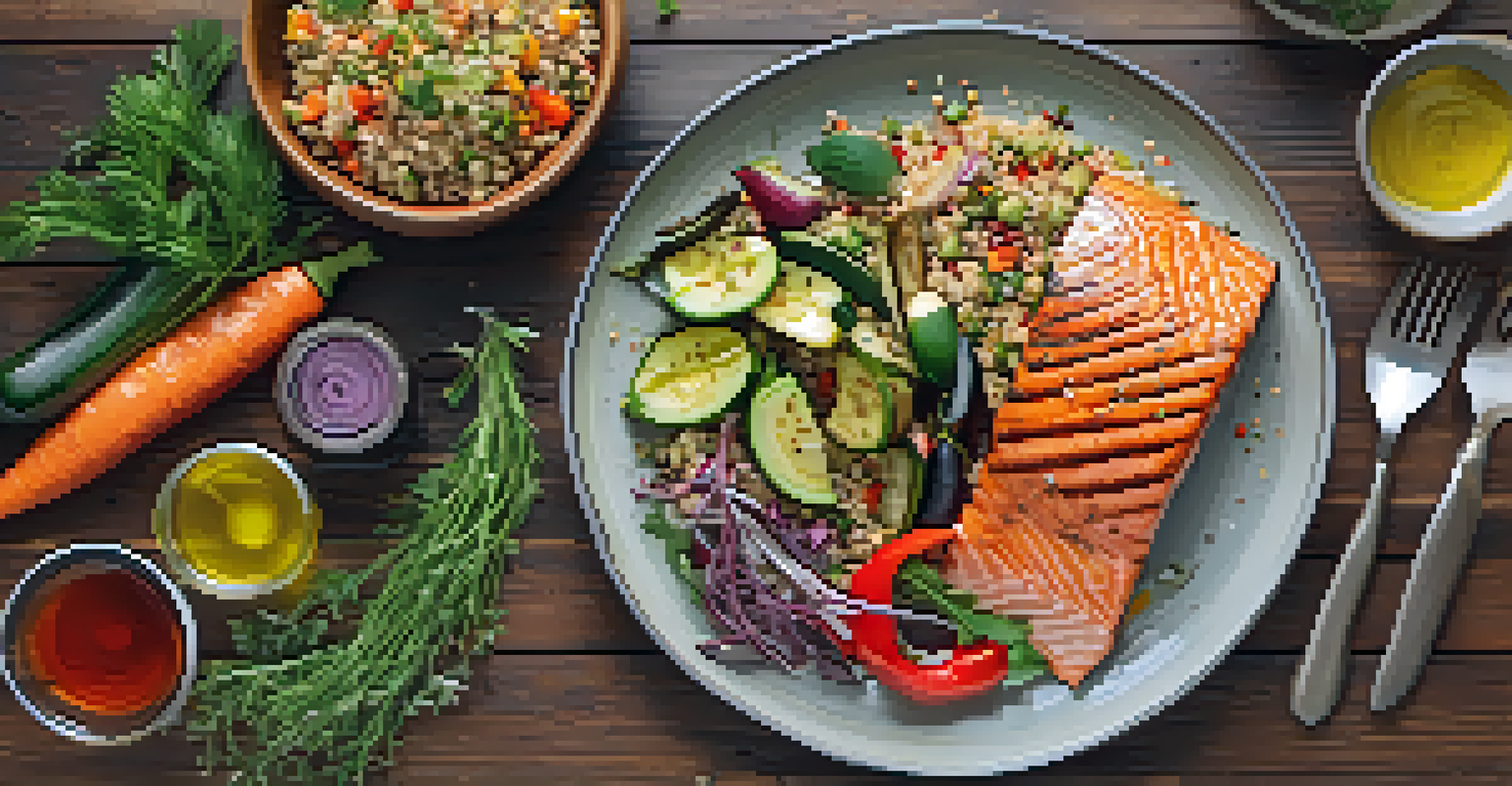 A flat lay of a balanced meal with grilled salmon, quinoa, and roasted vegetables on a wooden table.