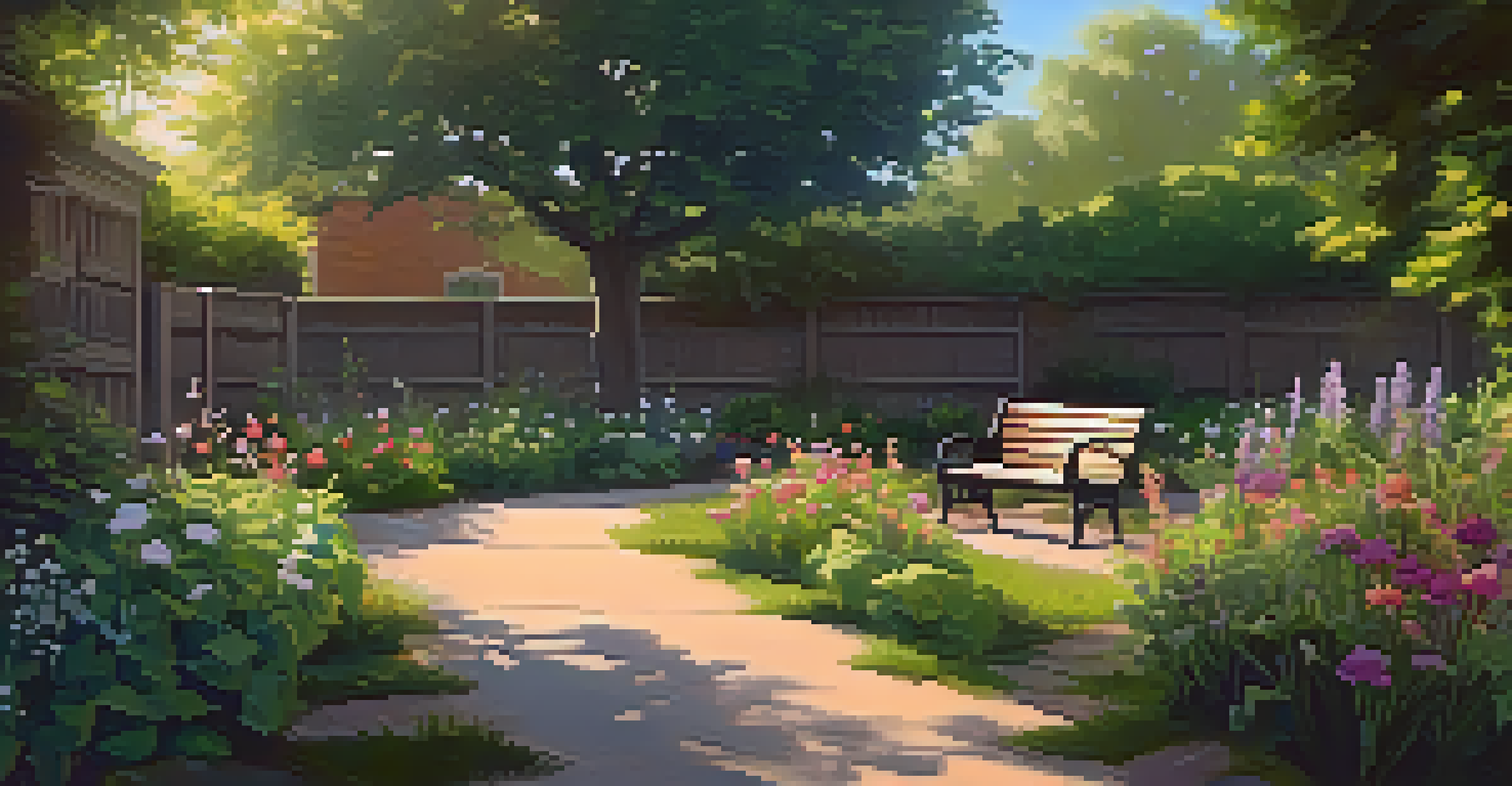 A peaceful corner of a community garden with a bench surrounded by flowers and sunlight filtering through leaves.