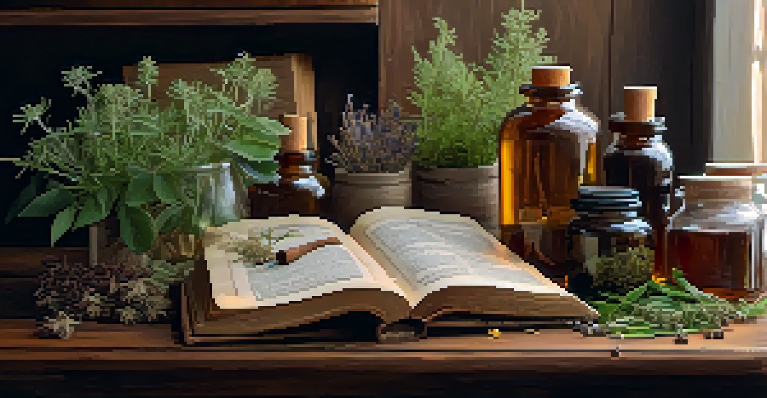 A close-up view of various herbal remedies on a wooden table, including glass jars of dried herbs and essential oils with an open herbal medicine book.