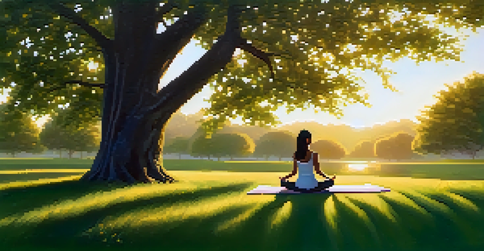 A person meditating in a peaceful park during sunset, surrounded by flowers and trees.