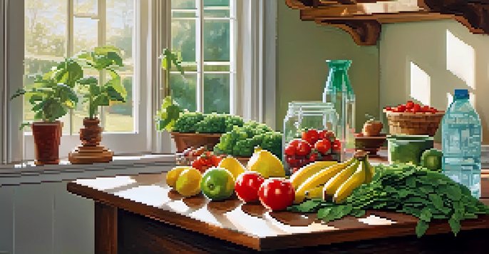 A bright kitchen with a wooden table covered in fresh fruits and vegetables, a glass of infused water, and an open recipe book.