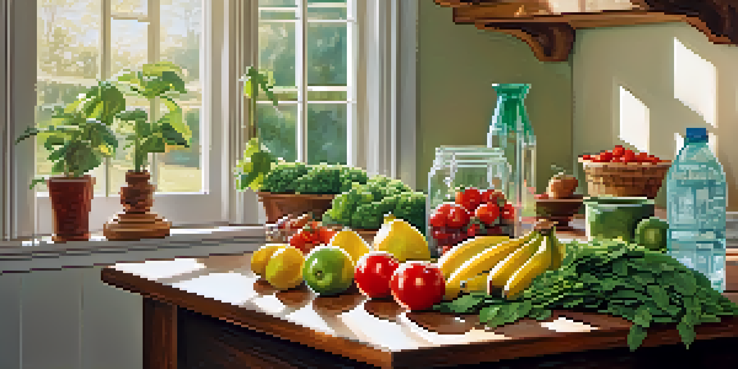 A bright kitchen with a wooden table covered in fresh fruits and vegetables, a glass of infused water, and an open recipe book.