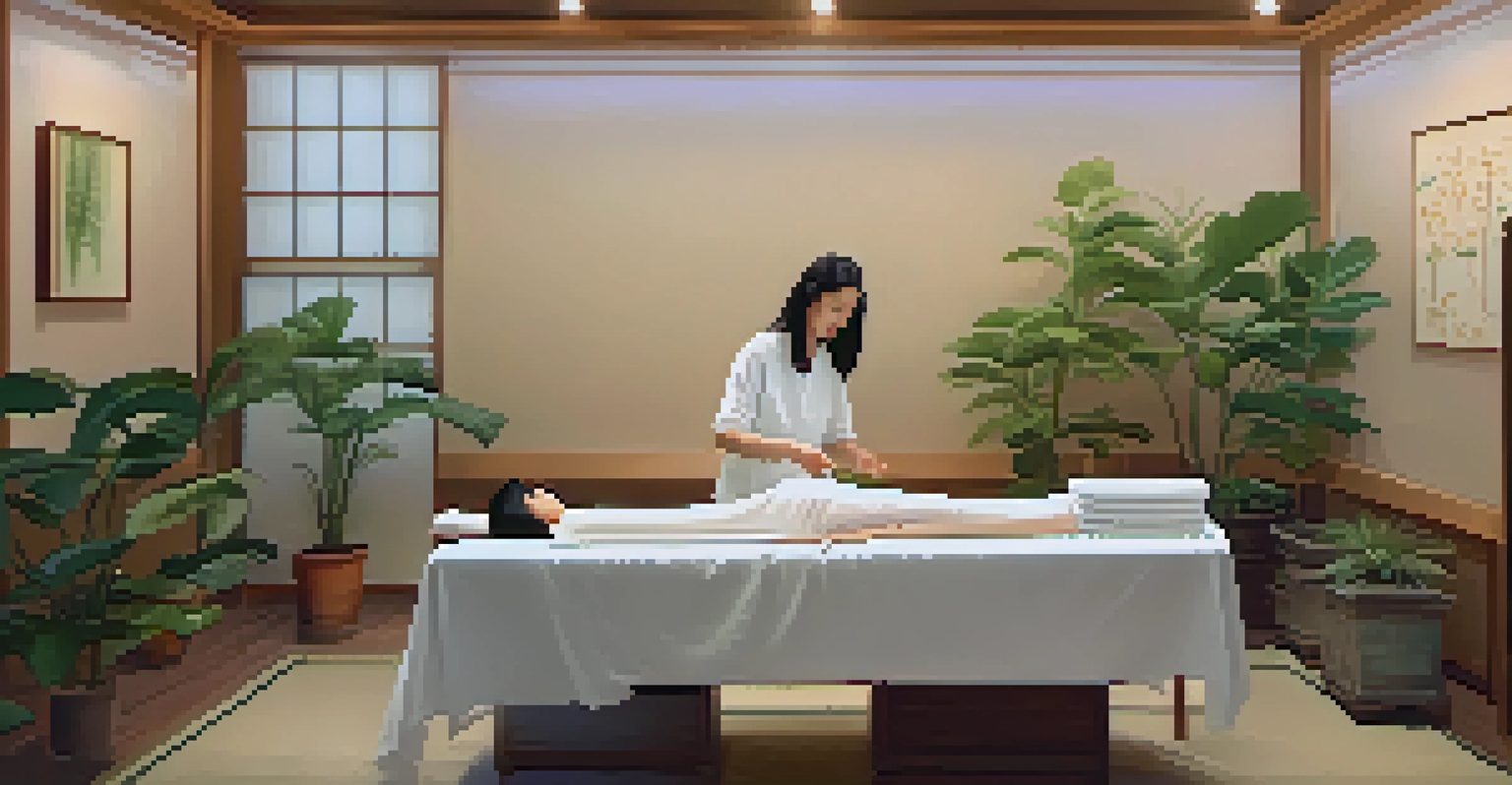 A tranquil acupuncture treatment room with soft lighting, plants, and a woman receiving treatment on a table, looking relaxed.