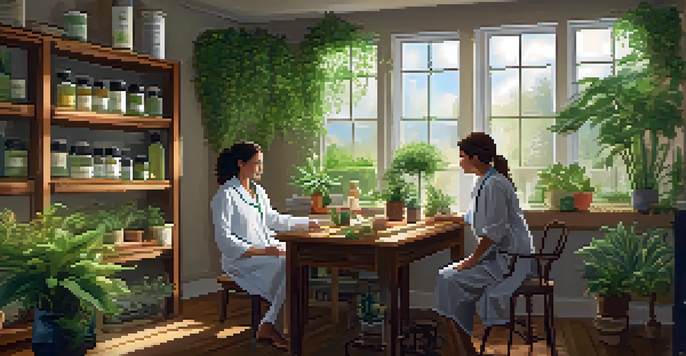 A warm and inviting consultation room where a naturopathic practitioner is discussing health with a patient, surrounded by plants and natural light.