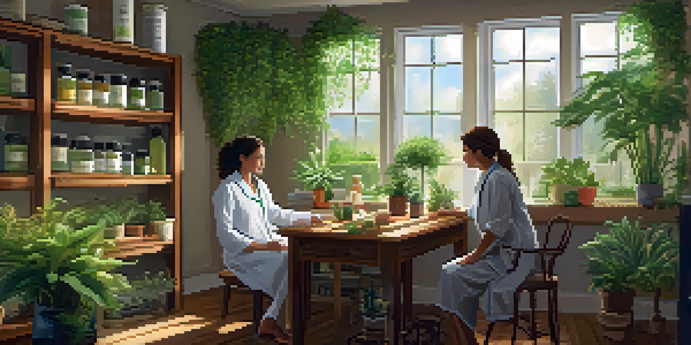 A warm and inviting consultation room where a naturopathic practitioner is discussing health with a patient, surrounded by plants and natural light.