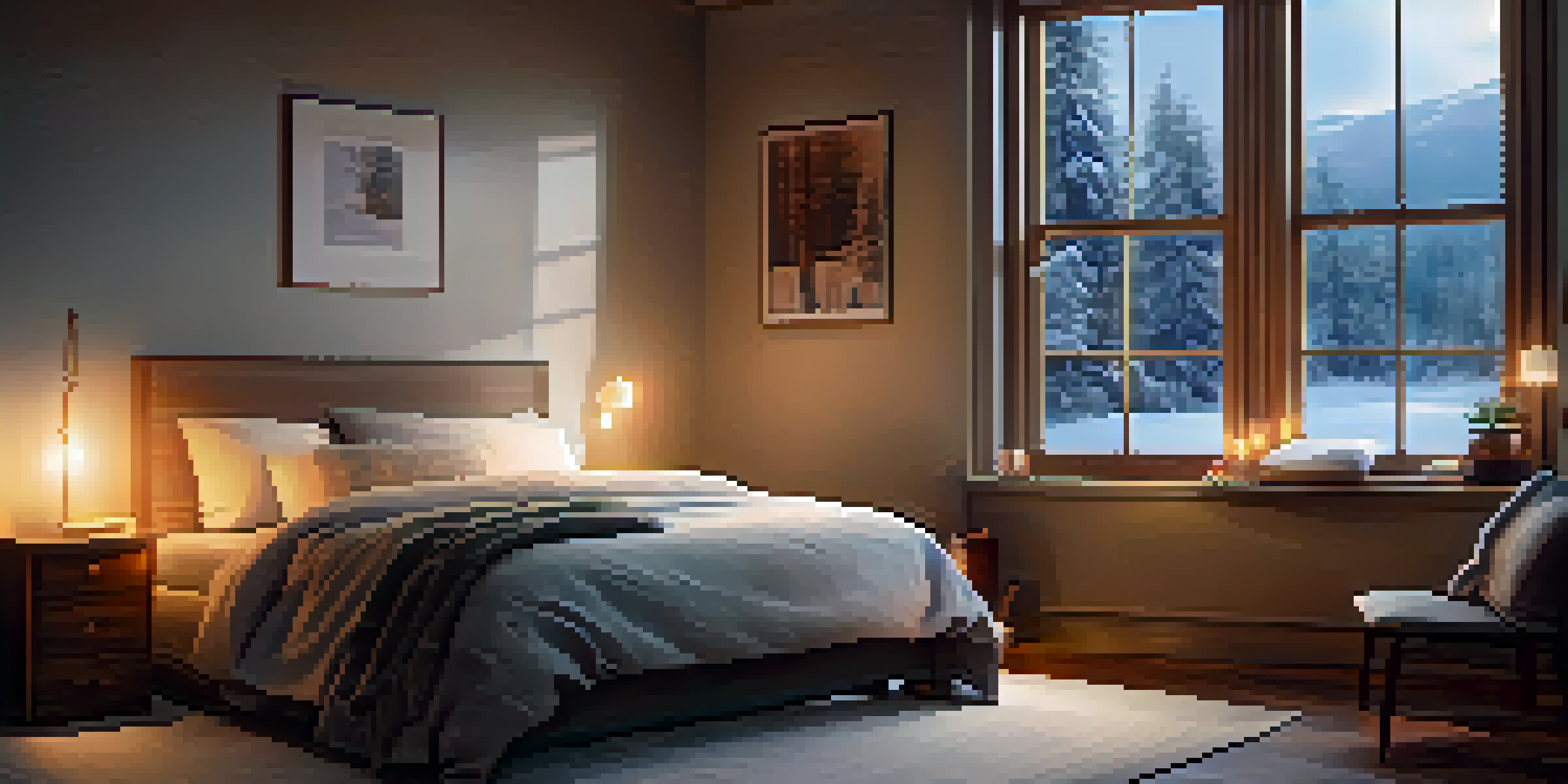 A warm, inviting bedroom with a bed, snowy landscape outside the window, and a bedside table with a steaming cup of tea.