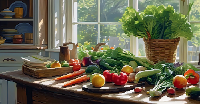 A bright kitchen with a wooden table showcasing fresh vegetables and fruits, illuminated by soft morning light.