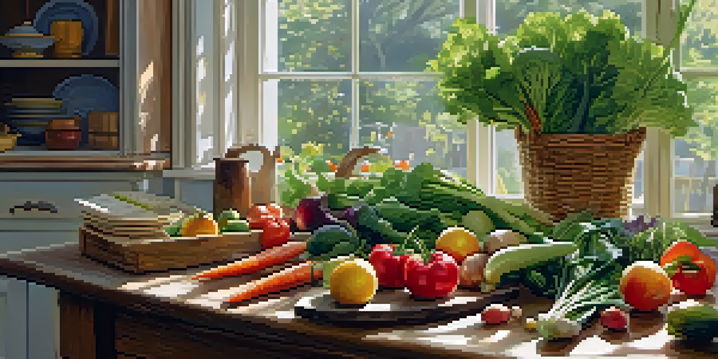 A bright kitchen with a wooden table showcasing fresh vegetables and fruits, illuminated by soft morning light.