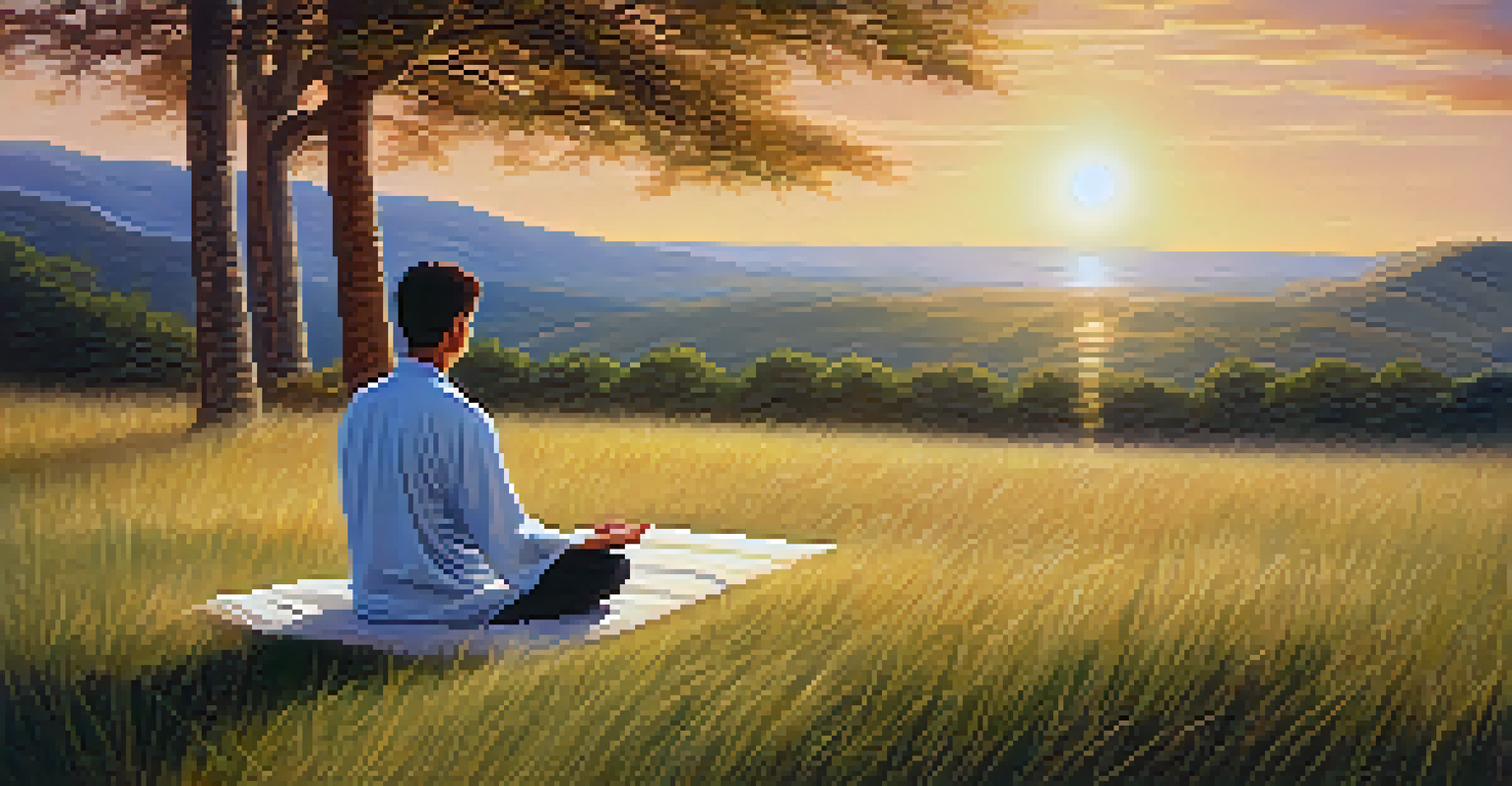 A Reiki practitioner sitting cross-legged in a grassy field, channeling energy with gentle waves of light radiating around him during sunset.
