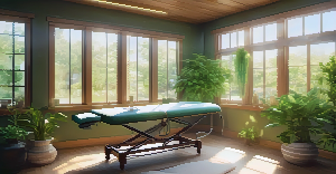 A bright and calming naturopathic clinic interior with plants, a massage table, and natural light.