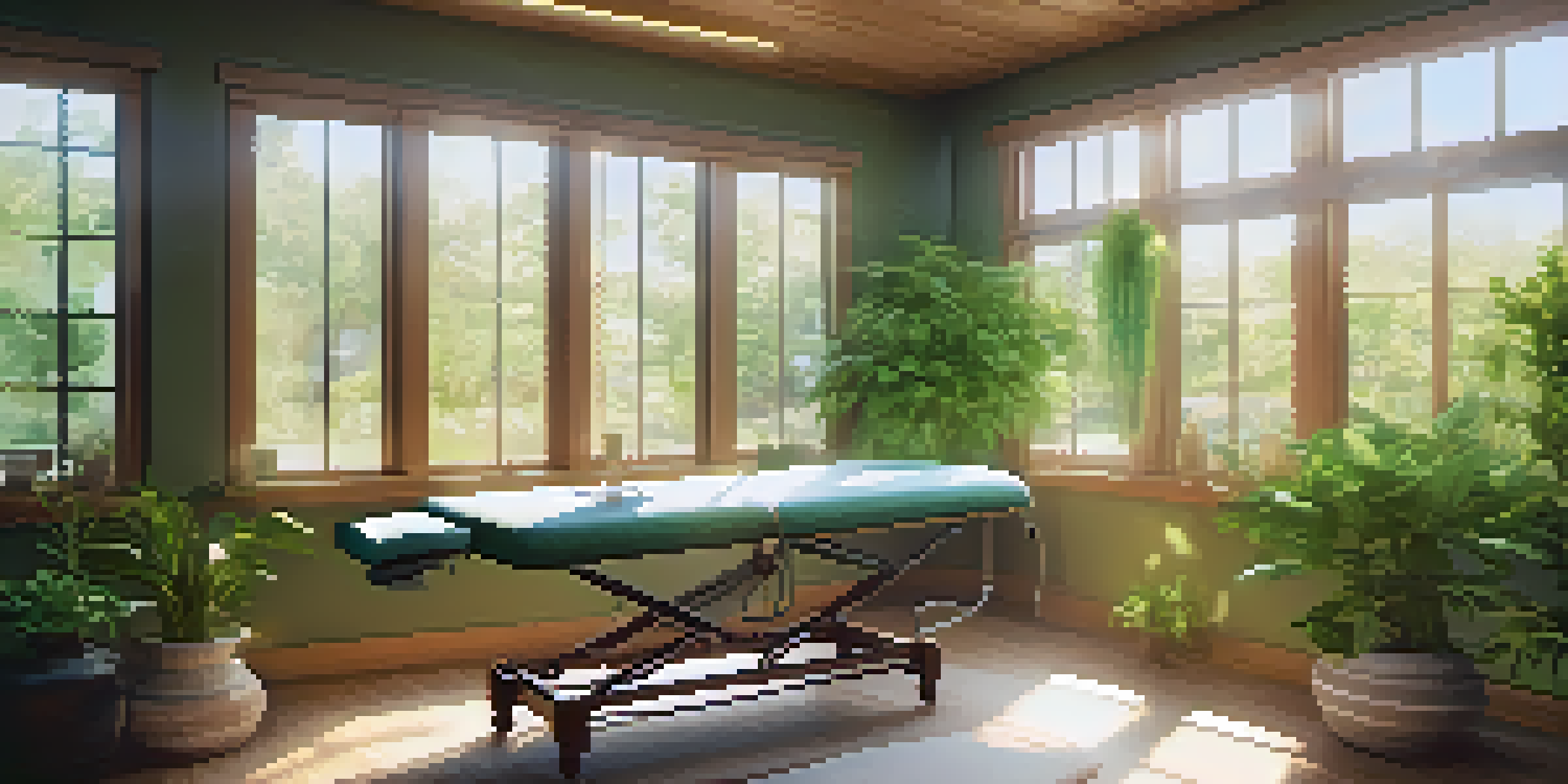 A bright and calming naturopathic clinic interior with plants, a massage table, and natural light.