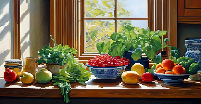 A kitchen countertop filled with fresh fruits and vegetables, showcasing a variety of colors and textures, illuminated by sunlight.