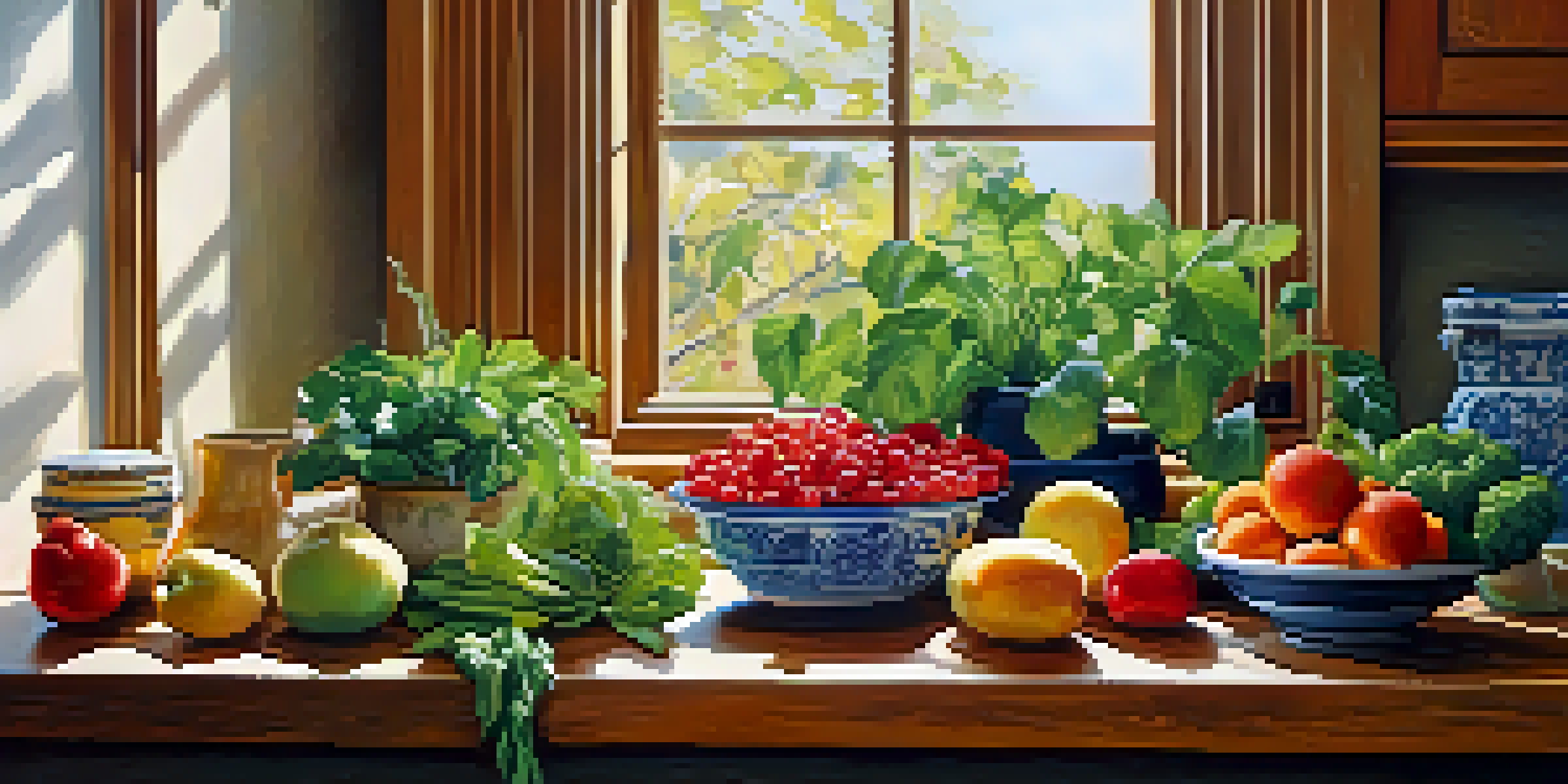 A kitchen countertop filled with fresh fruits and vegetables, showcasing a variety of colors and textures, illuminated by sunlight.