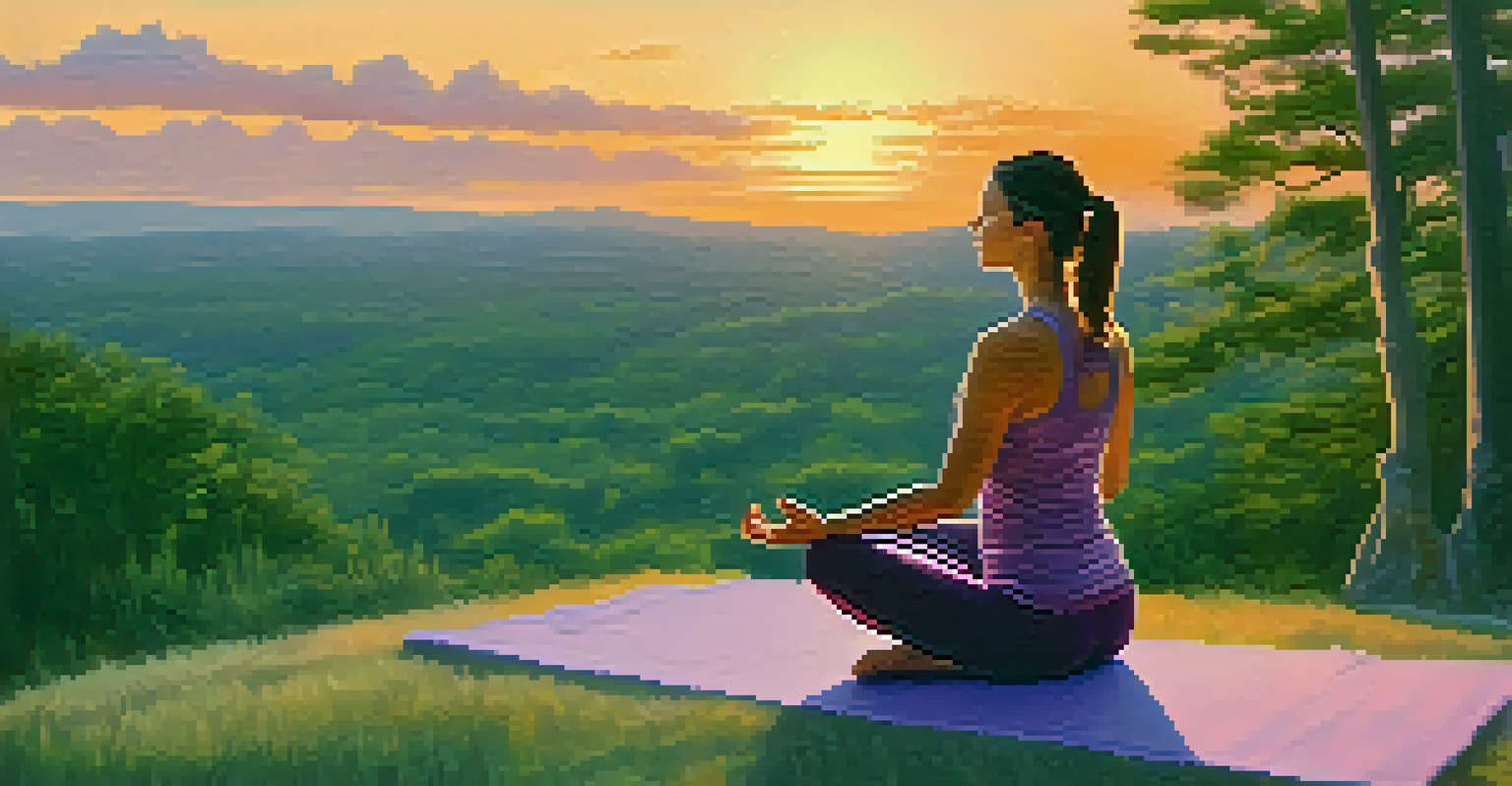 A person practicing yoga outdoors at sunset, surrounded by nature, promoting relaxation and mindfulness for better sleep.