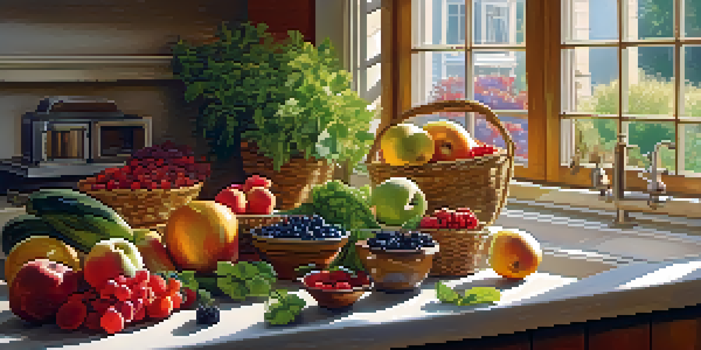 A cozy kitchen with a wooden table displaying colorful fruits and vegetables under soft morning light.