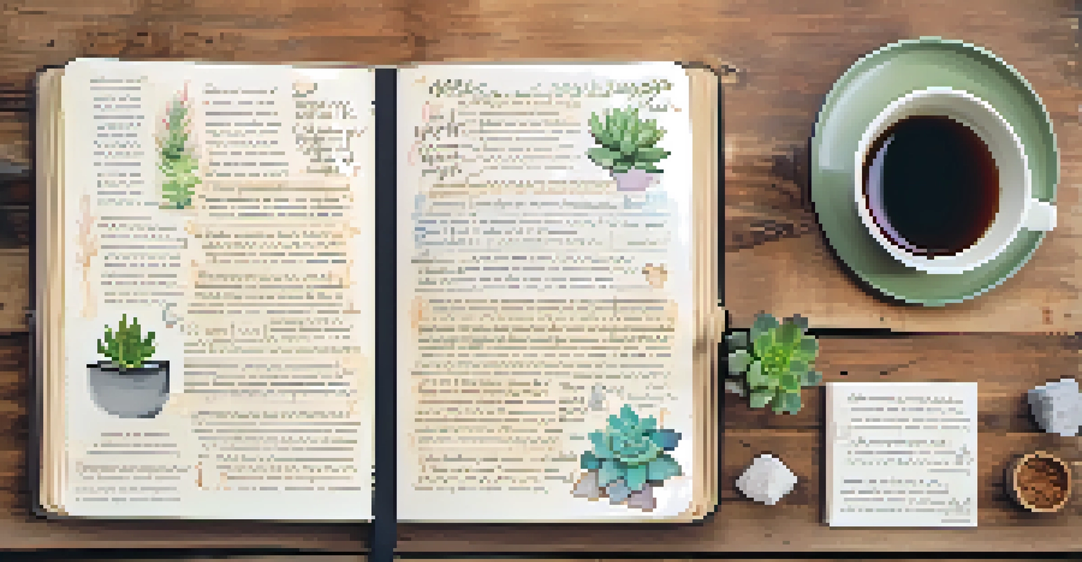 A close-up of a journal with positive affirmations and a cup of tea.