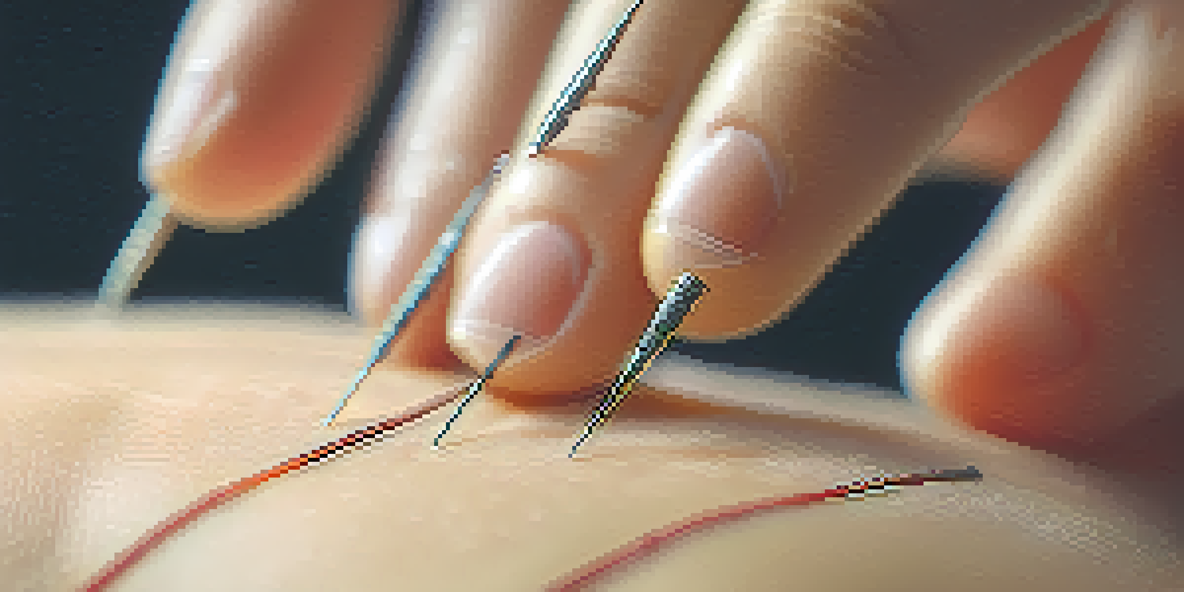 A close-up view of acupuncture needles inserted into a patient's back, showcasing the precision and detail of the needles.