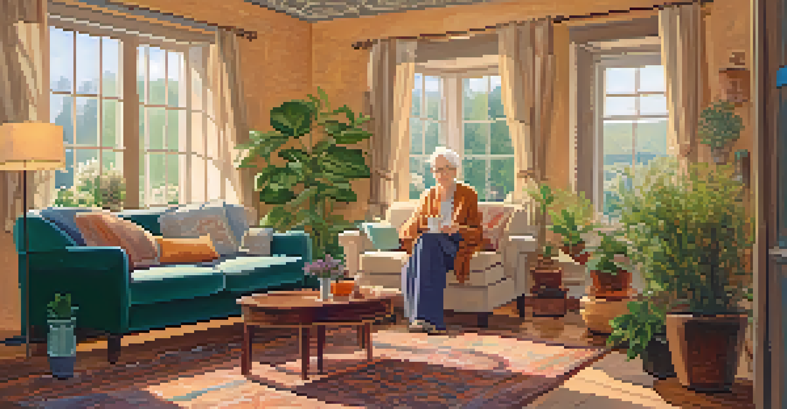 An elderly person enjoying herbal tea in a cozy living room, surrounded by warm colors and plants, looking relaxed and content.