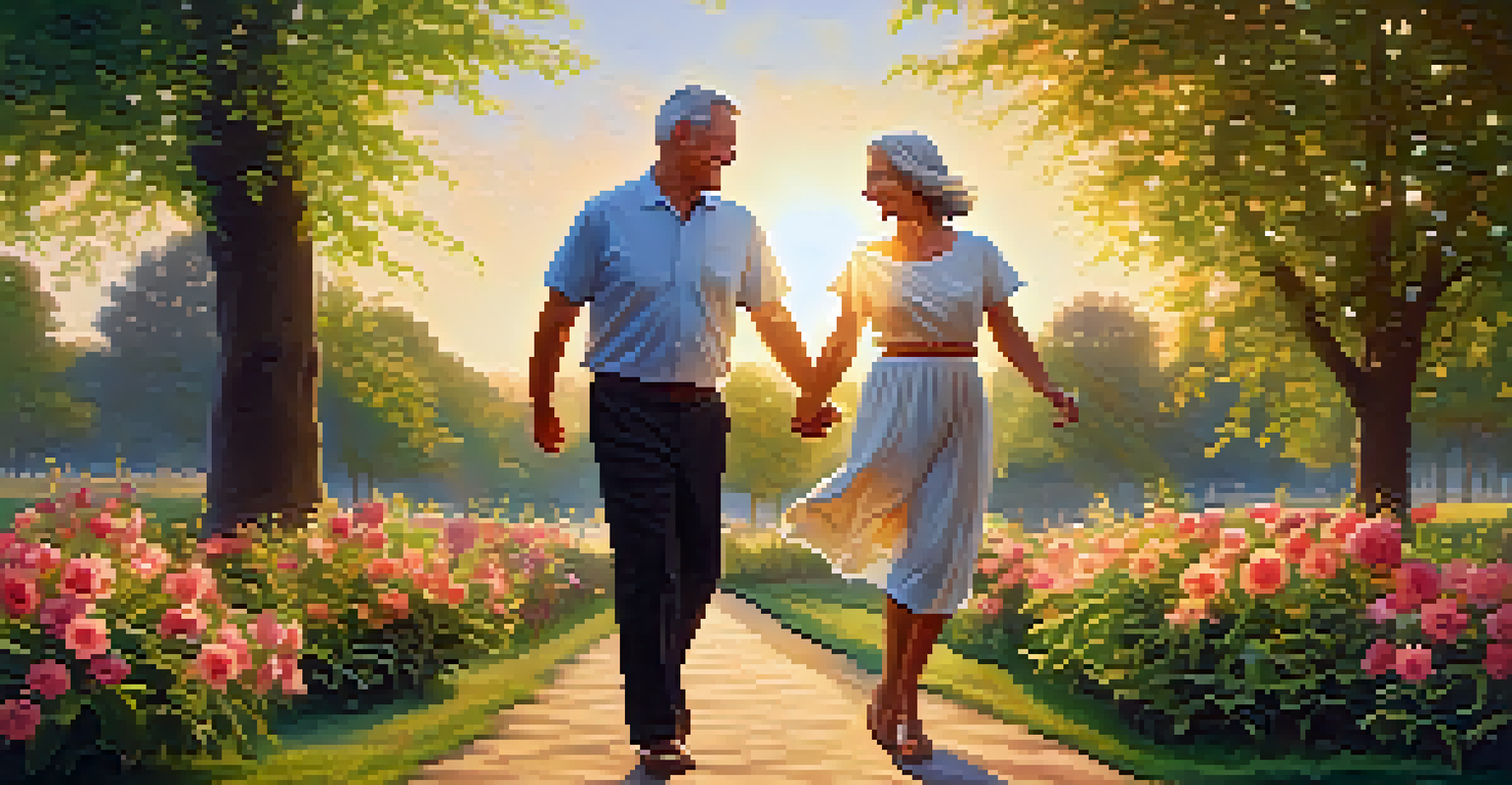 A middle-aged couple dancing in a park during sunset, surrounded by greenery and flowers, embodying a heart-healthy lifestyle.