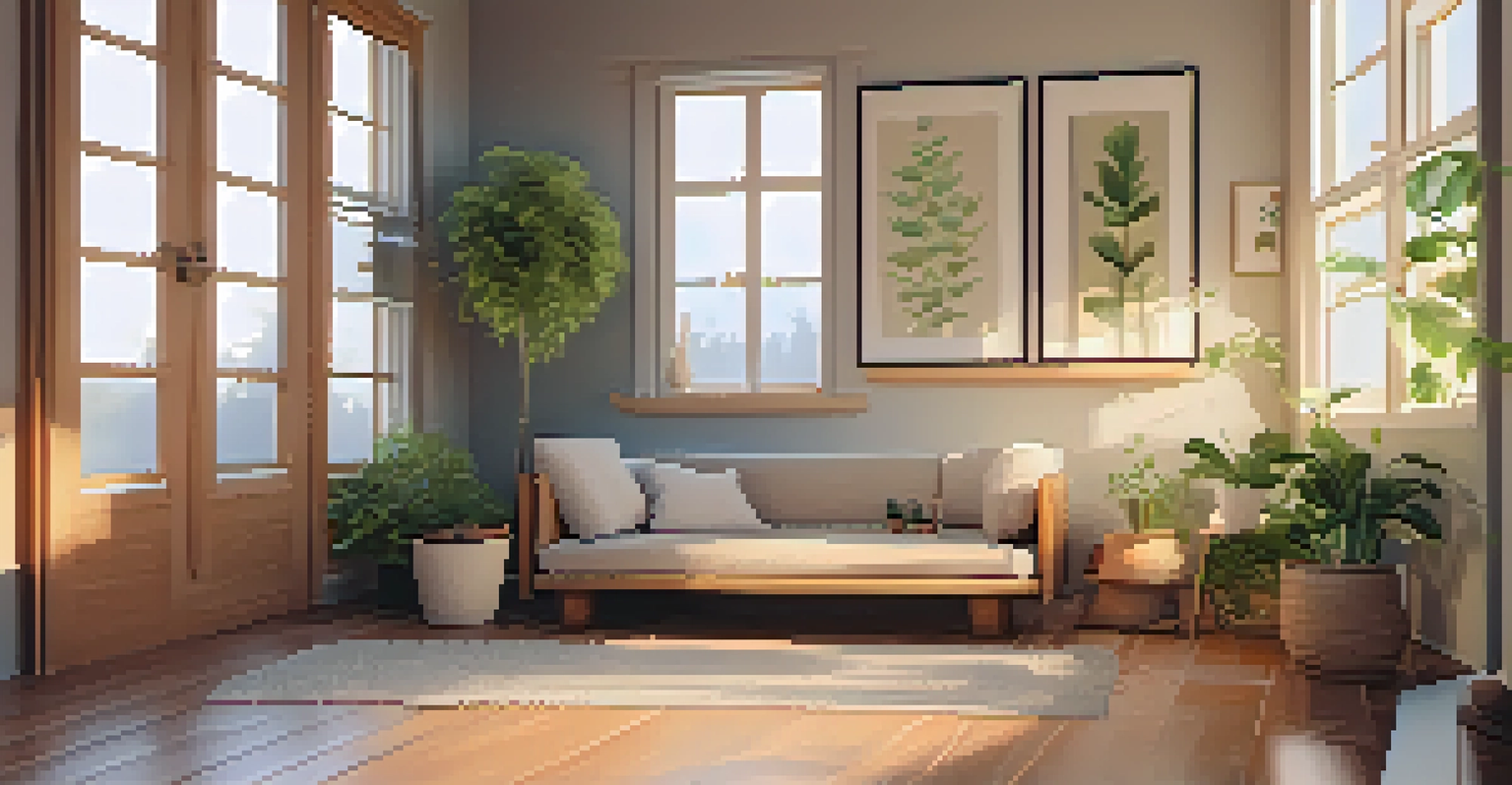 A cozy indoor space for mindfulness practice, with a meditation cushion, plants, and soft lighting.