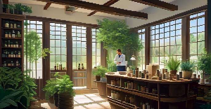 A calm naturopathic clinic with wooden decor, plants, and a consultation between a practitioner and a patient.