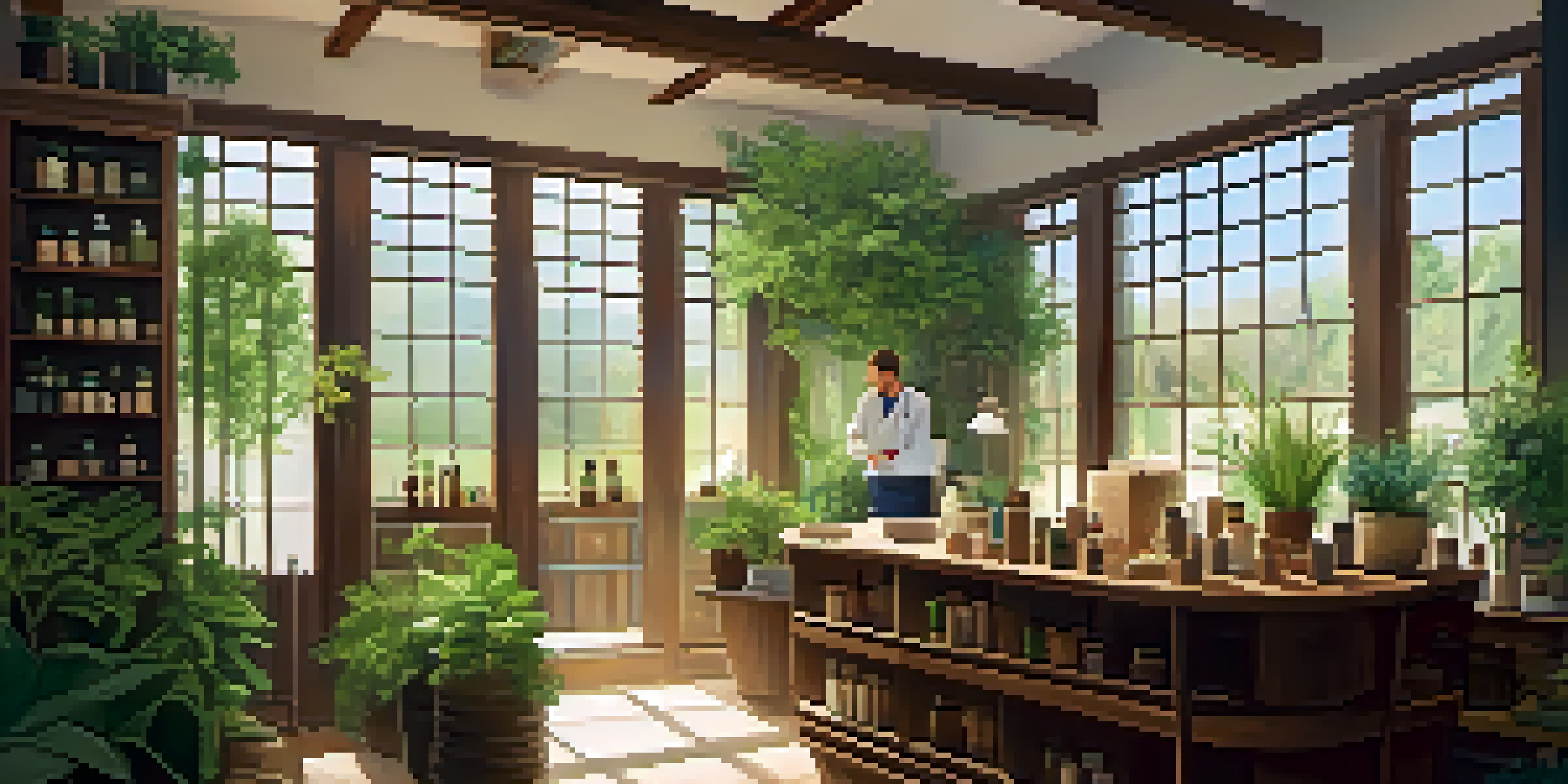 A calm naturopathic clinic with wooden decor, plants, and a consultation between a practitioner and a patient.