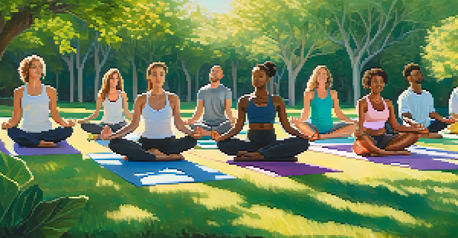 A diverse group of individuals practicing yoga in a sunny park surrounded by greenery and a clear sky.