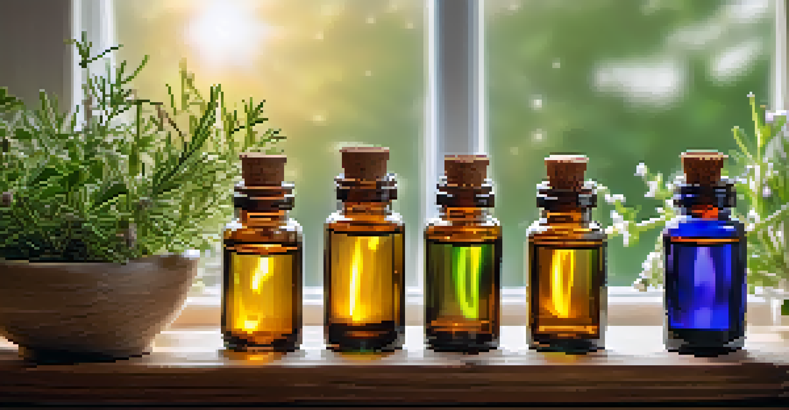 An arrangement of essential oil bottles on a wooden surface, surrounded by fresh herbs, with a sunny window in the background.