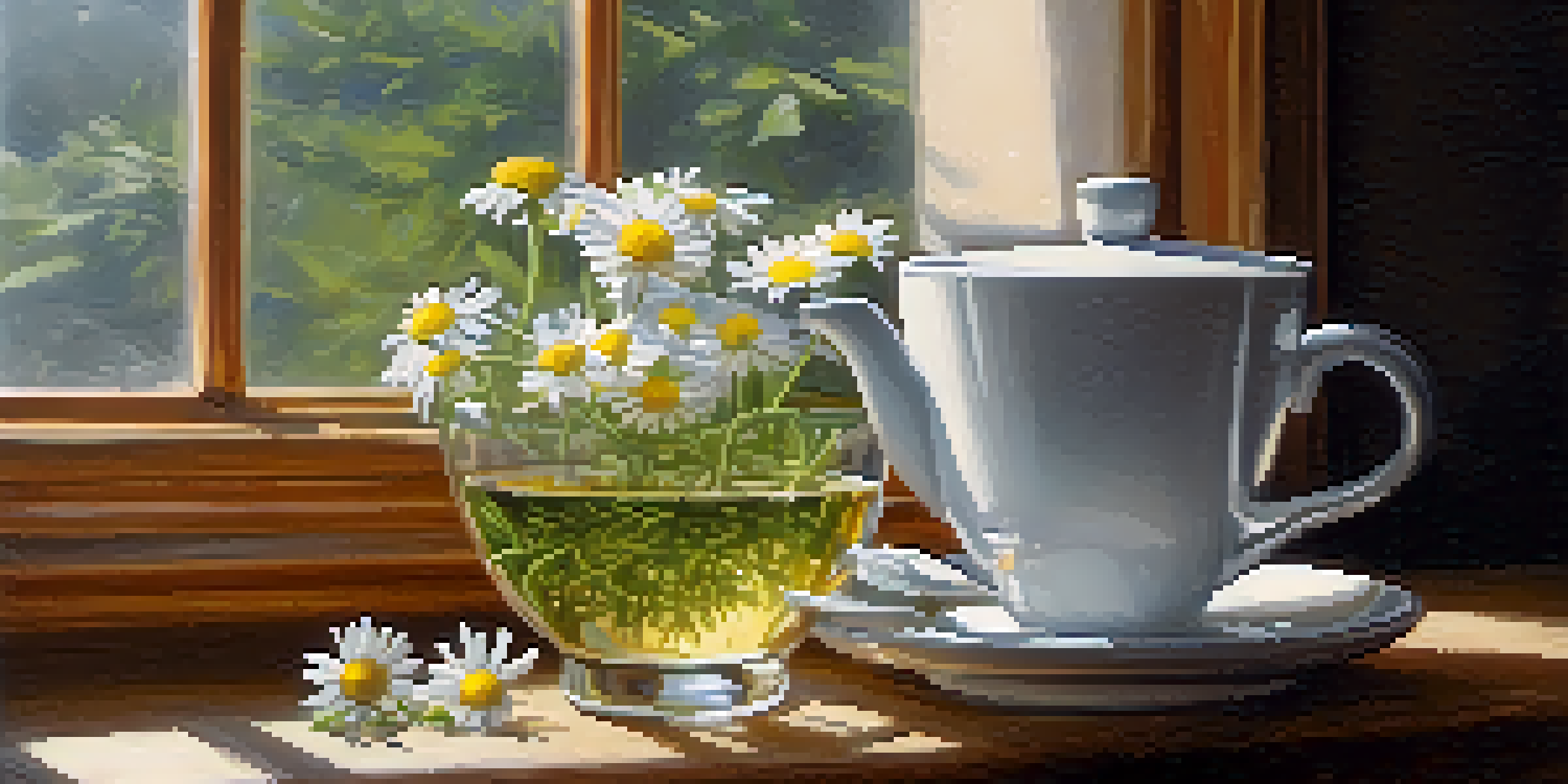 A cozy herbal tea setup with a cup of chamomile tea and fresh chamomile flowers, illuminated by soft natural light.