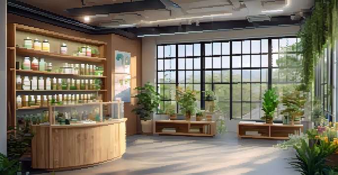 A cozy naturopathic clinic interior with wooden furniture, potted plants, and sunlight coming through the windows.