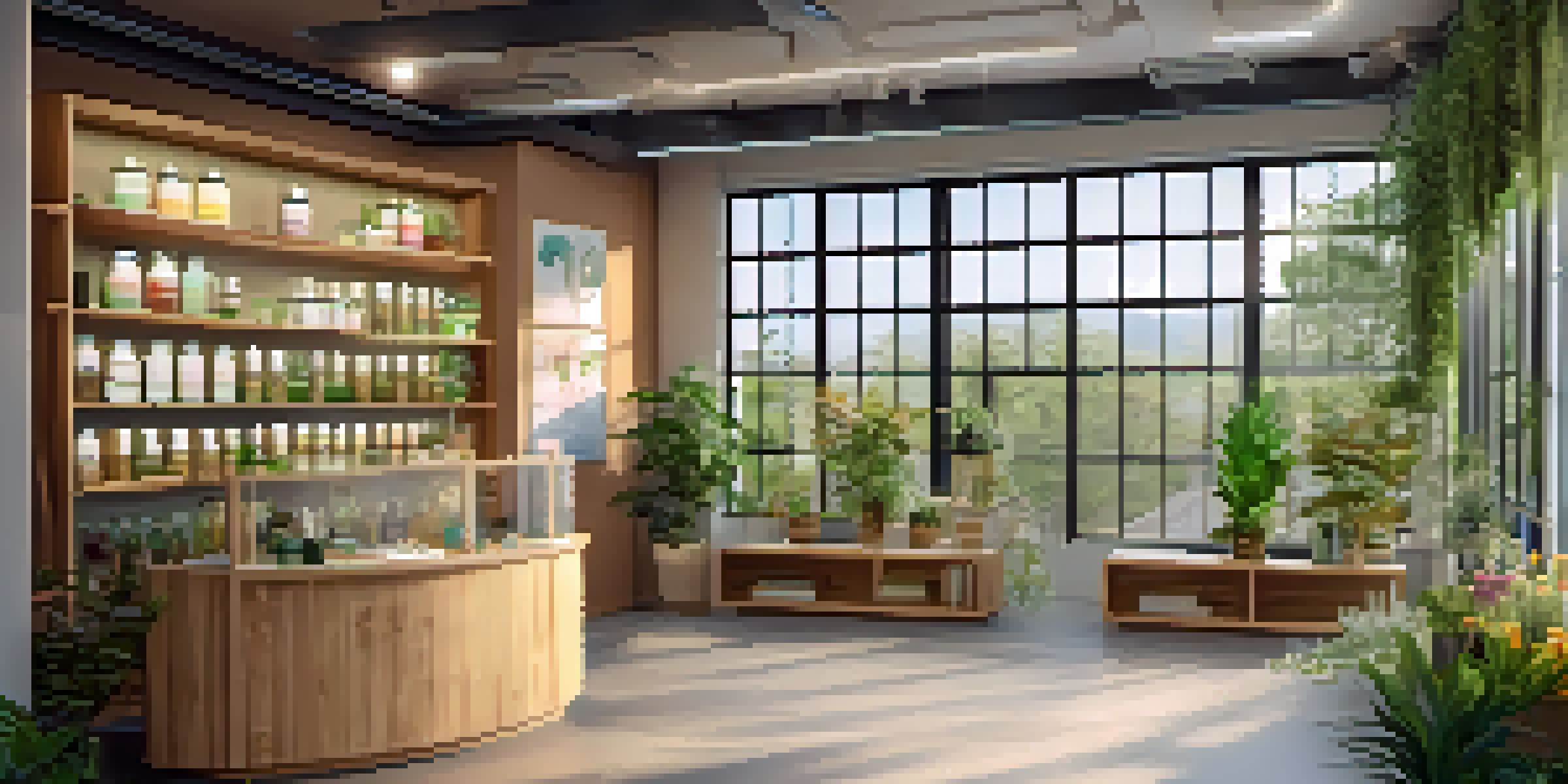 A cozy naturopathic clinic interior with wooden furniture, potted plants, and sunlight coming through the windows.