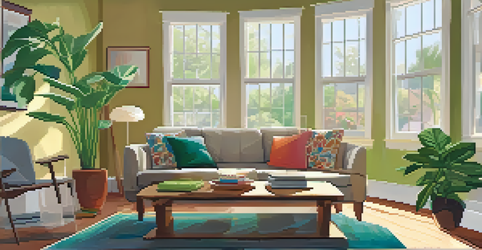 A sunlit living room with a spider plant on a coffee table, a beige sofa with colorful cushions, and light wood flooring.