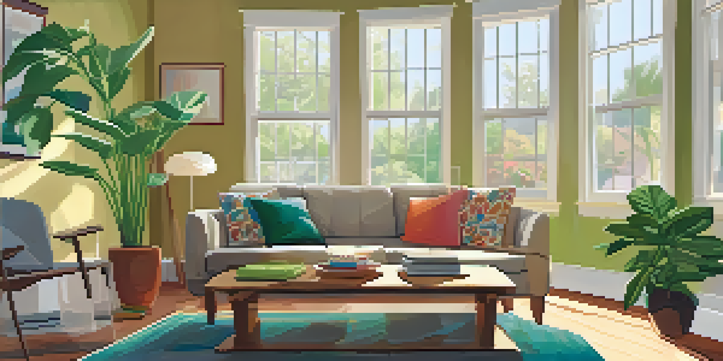 A sunlit living room with a spider plant on a coffee table, a beige sofa with colorful cushions, and light wood flooring.