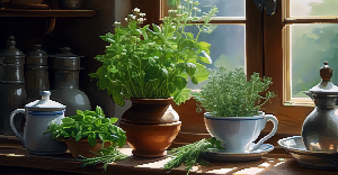 A warm kitchen scene with fresh herbs on a wooden table and a cup of chamomile tea, illuminated by sunlight.