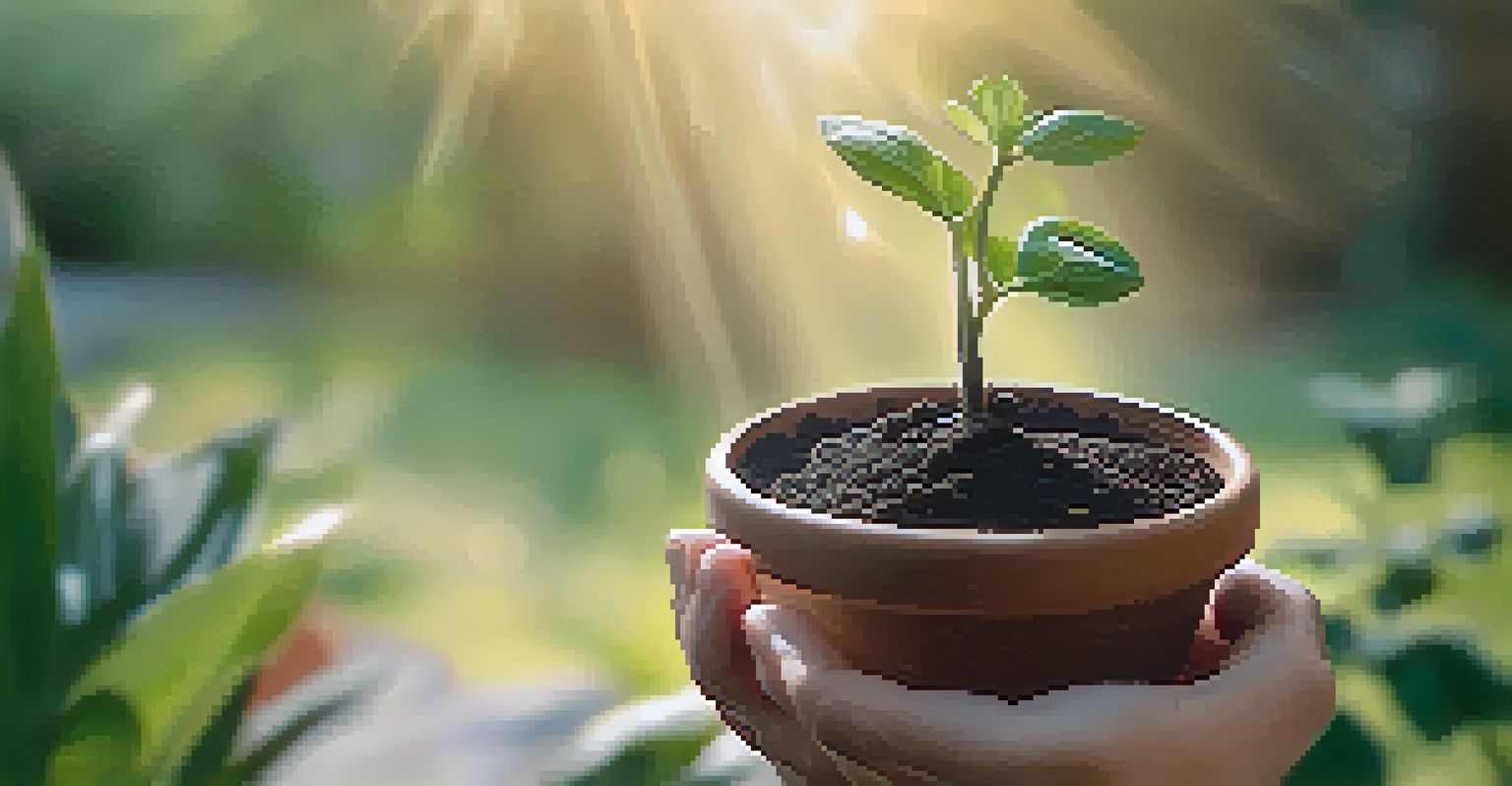 A close-up of hands holding a small potted plant against a soft-focus nature background, symbolizing growth and healing.
