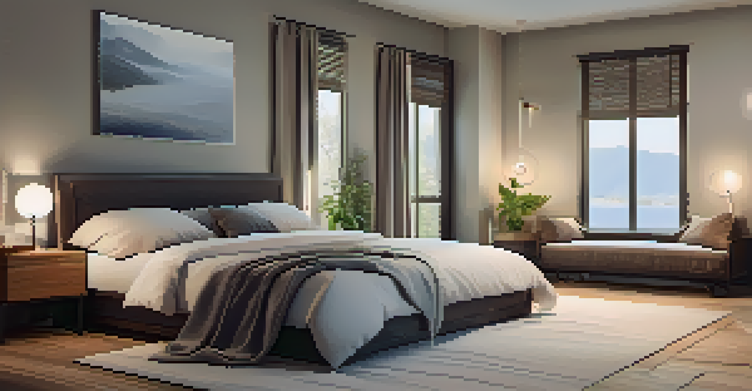 A peaceful bedroom setup with a made bed, a bedside table holding a book and water, all in soft colors and dim lighting for a calming effect.
