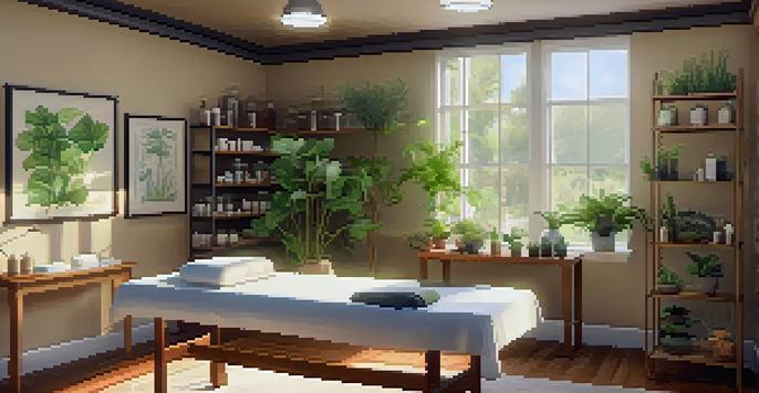 A calming naturopathic clinic with natural light, plants, and a practitioner performing Reiki on a patient.