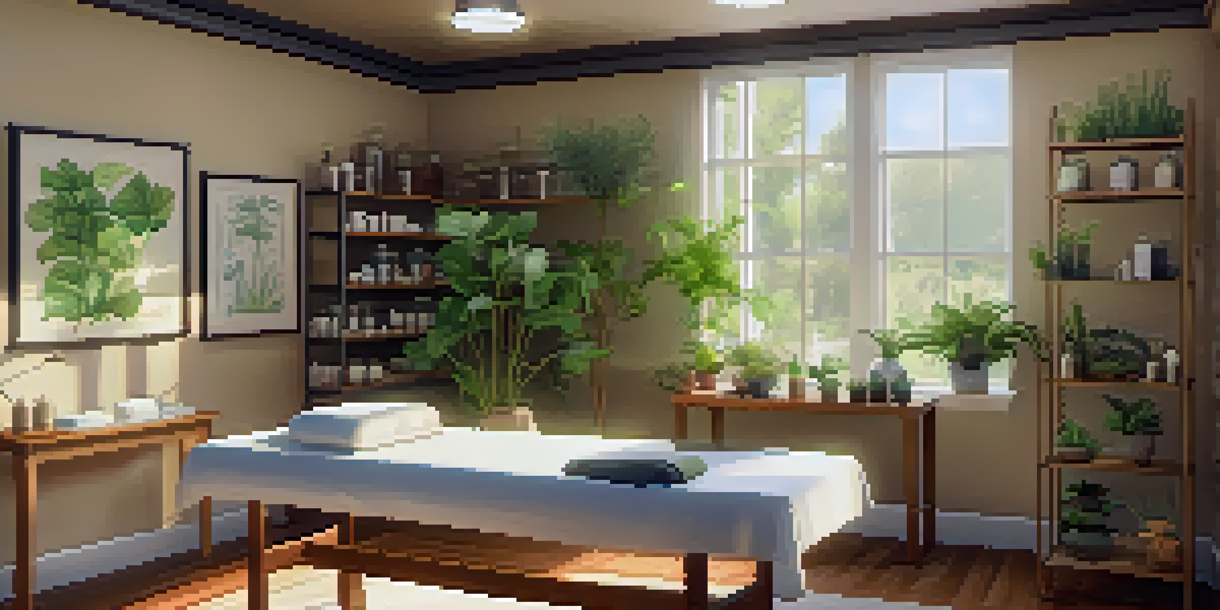 A calming naturopathic clinic with natural light, plants, and a practitioner performing Reiki on a patient.