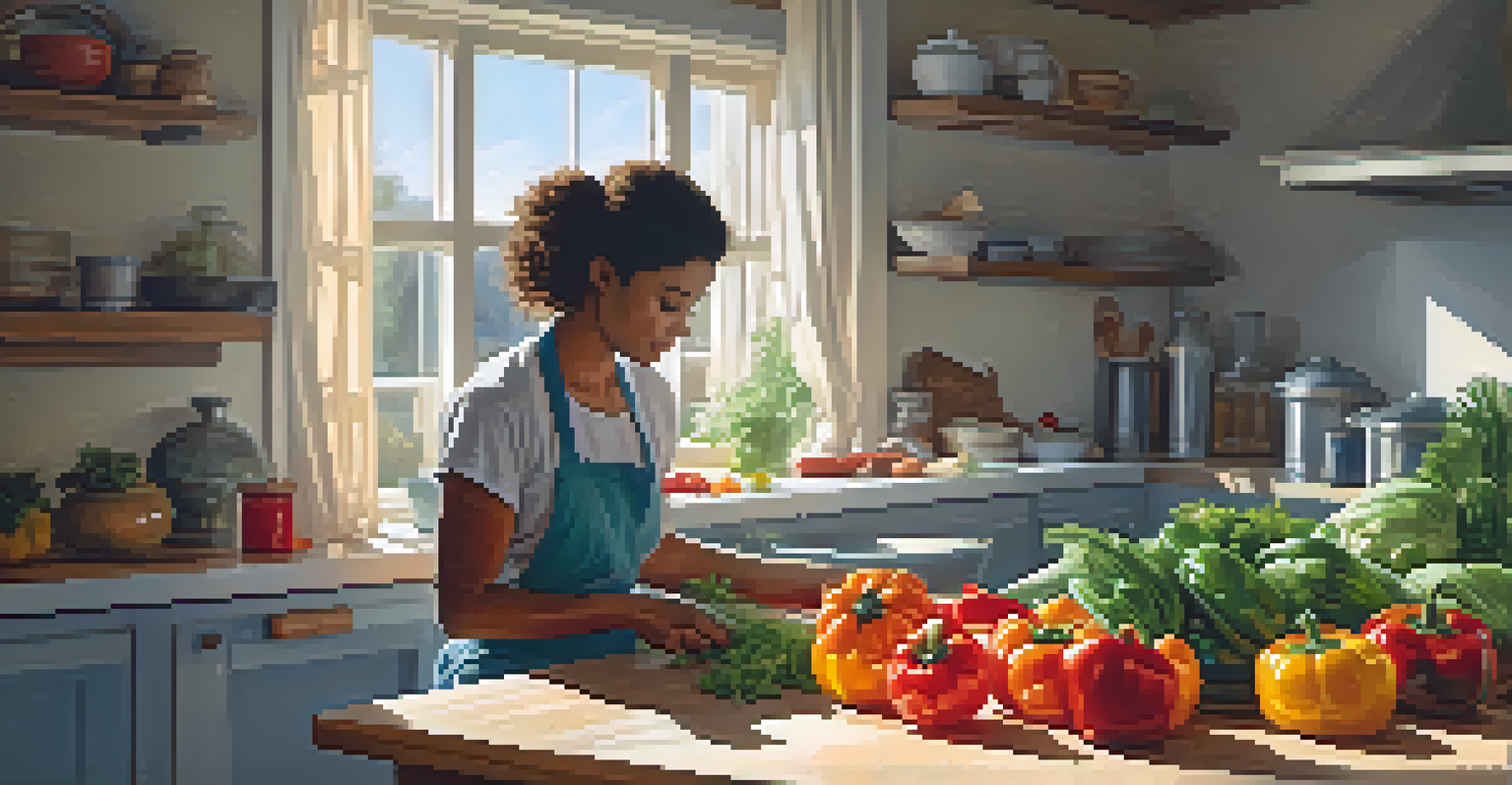 A person preparing a healthy meal in a bright kitchen, chopping fresh vegetables with colorful ingredients nearby.