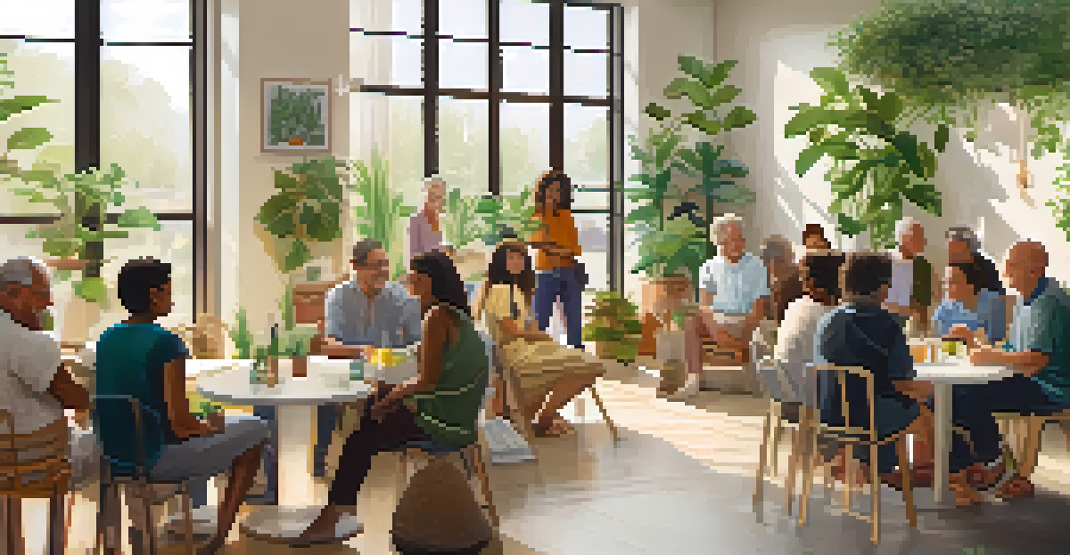 A community gathering in a bright room where diverse individuals are engaged in conversation and sharing experiences, fostering emotional connections.