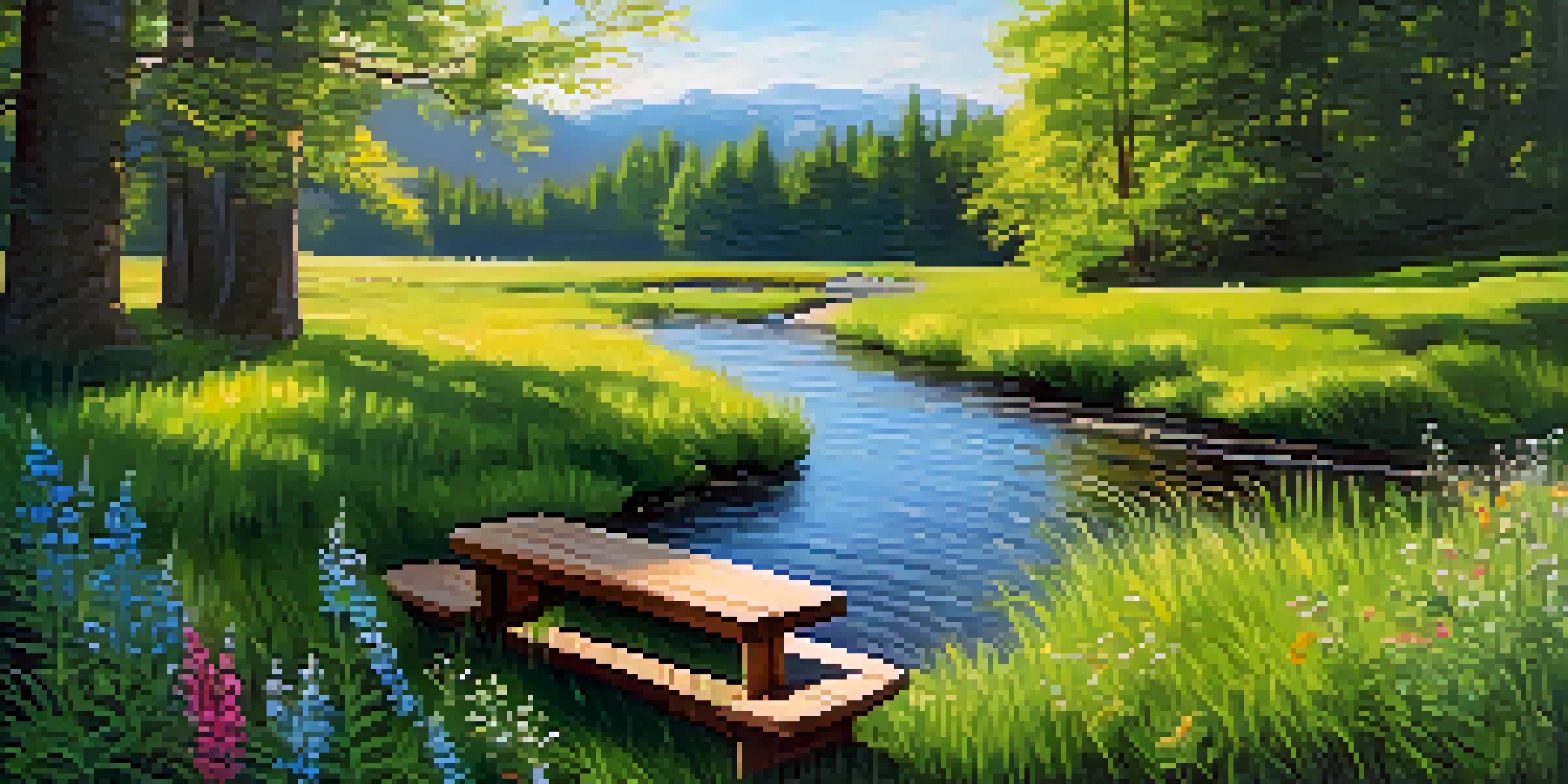 A tranquil forest scene with sunlight filtering through the leaves, featuring a wooden bench, lush grass, and blooming wildflowers near a gentle stream.