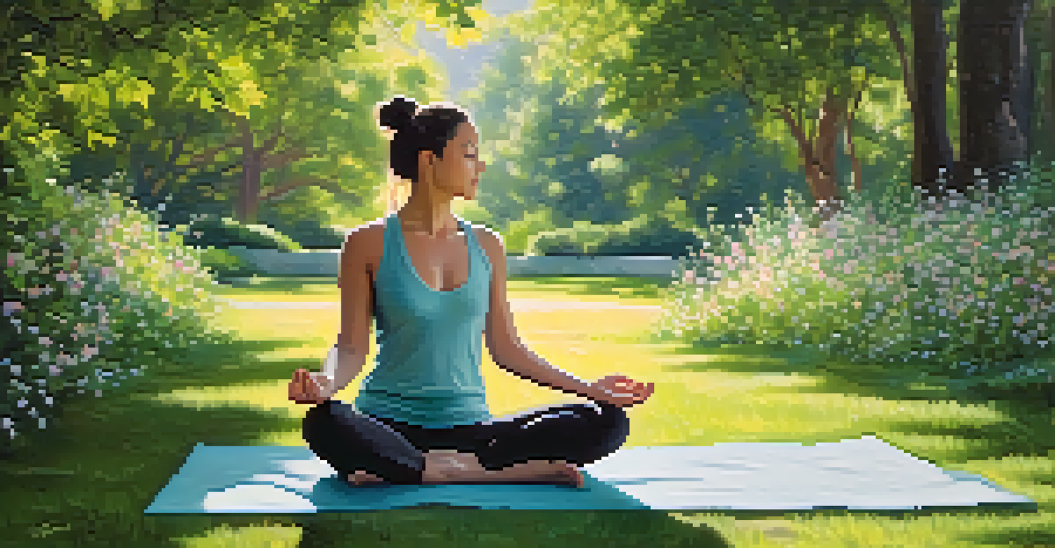 A person practicing yoga in a peaceful park surrounded by greenery and flowers.