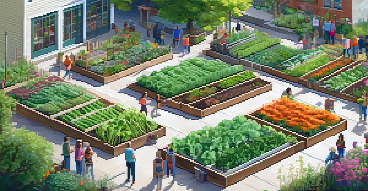 An aerial view of a community garden with organized vegetable rows and people attending a gardening workshop.