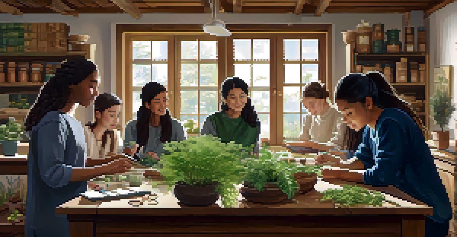 A group of students participating in a herbal medicine workshop, surrounded by herbs and books.