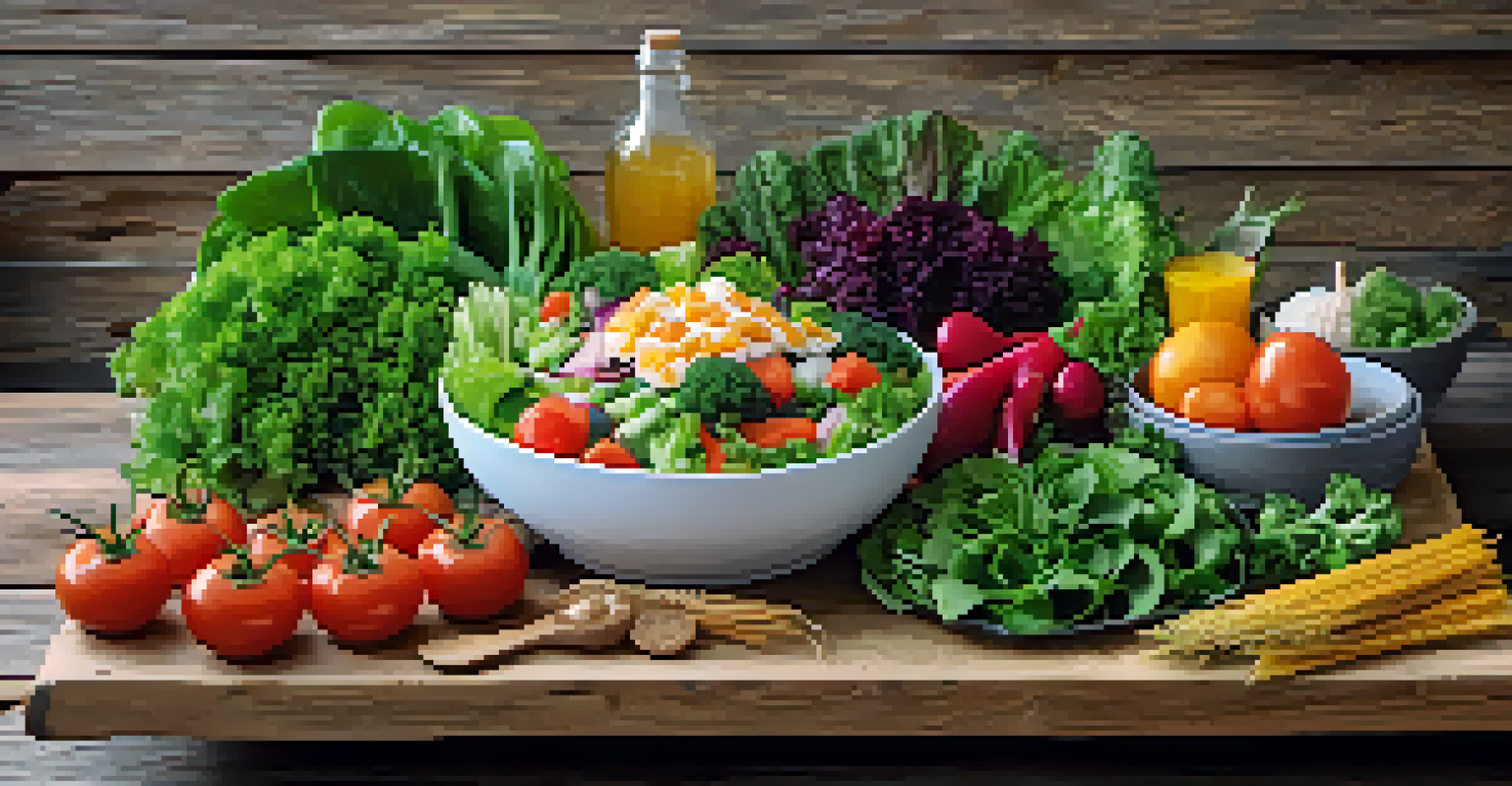 A vibrant and healthy meal on a wooden table, showcasing fresh vegetables and grains.