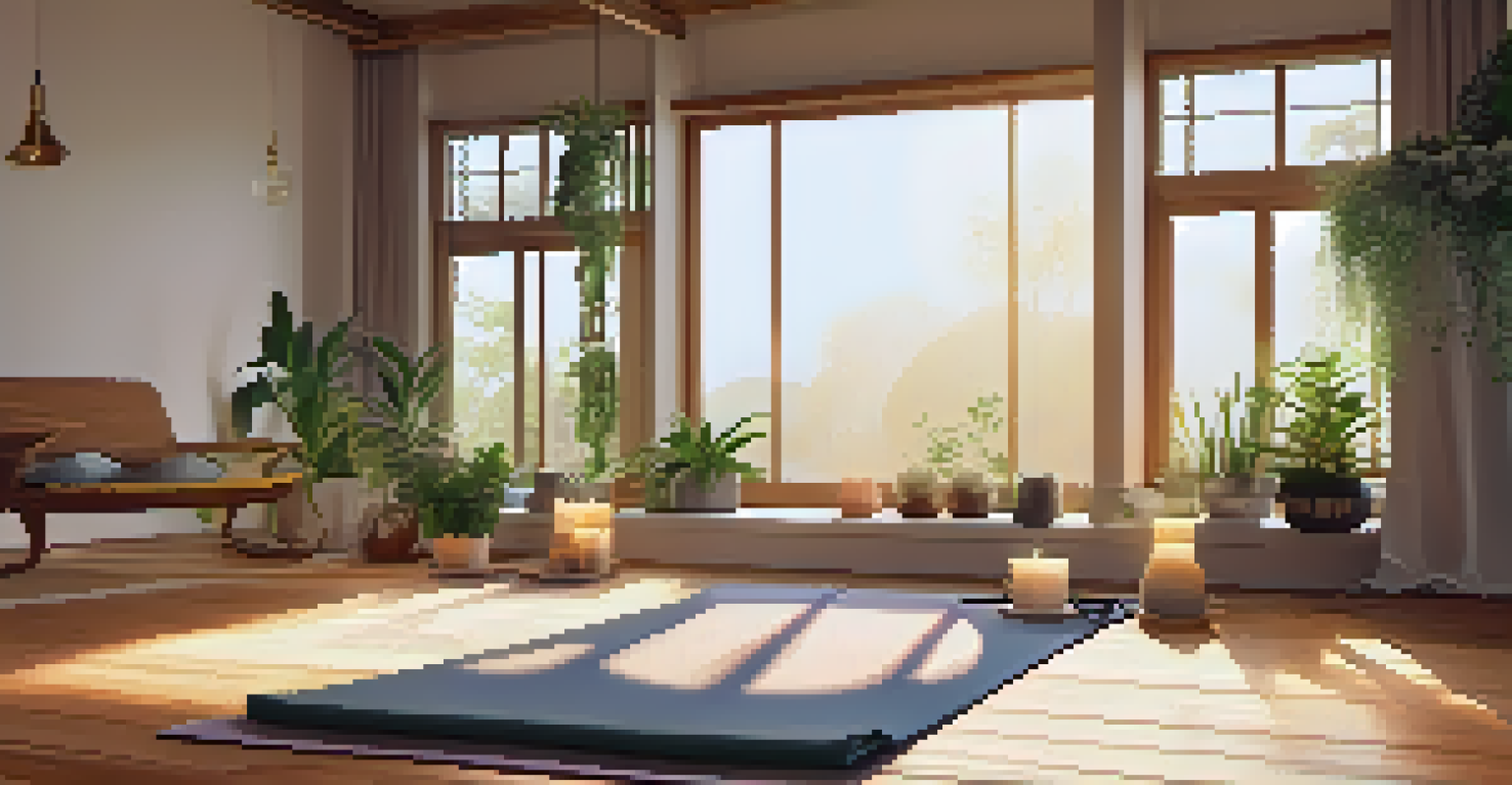 A peaceful meditation space with a yoga mat, plants, cushions, and soft natural light.