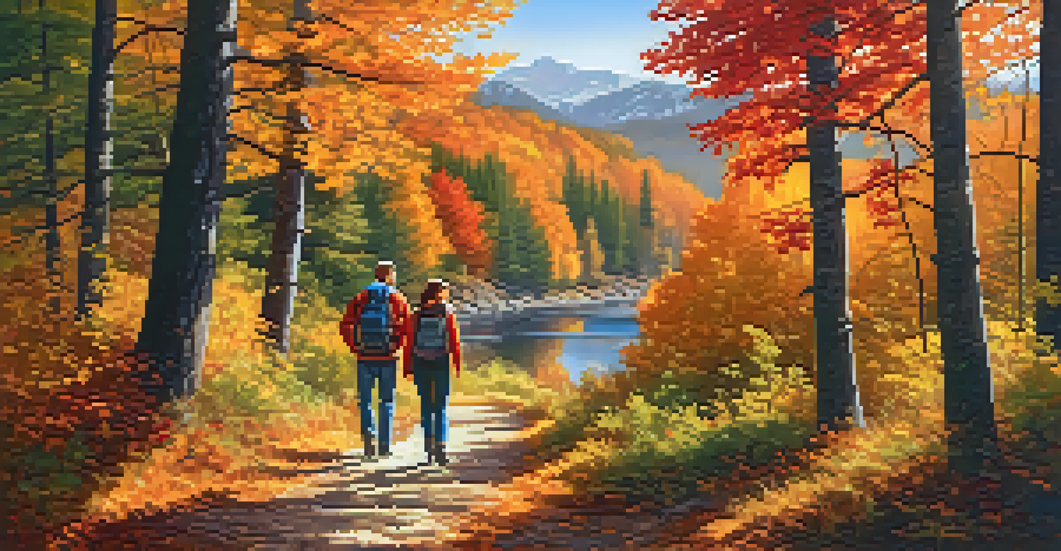 A couple hiking on a colorful autumn trail, surrounded by trees with vibrant leaves.