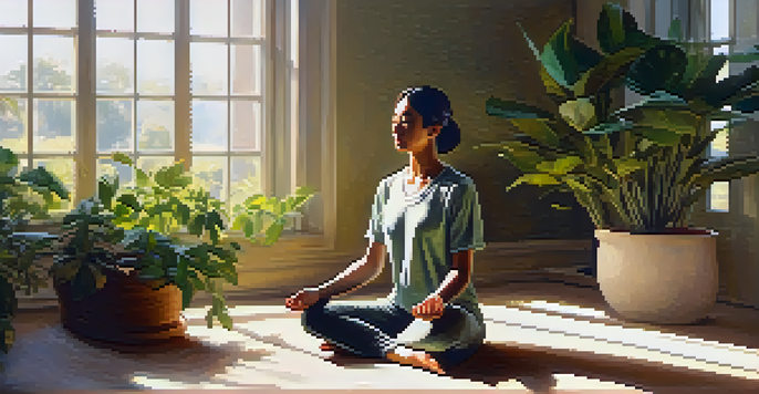 A person meditating in a sunlit room filled with plants, creating a peaceful and serene environment.