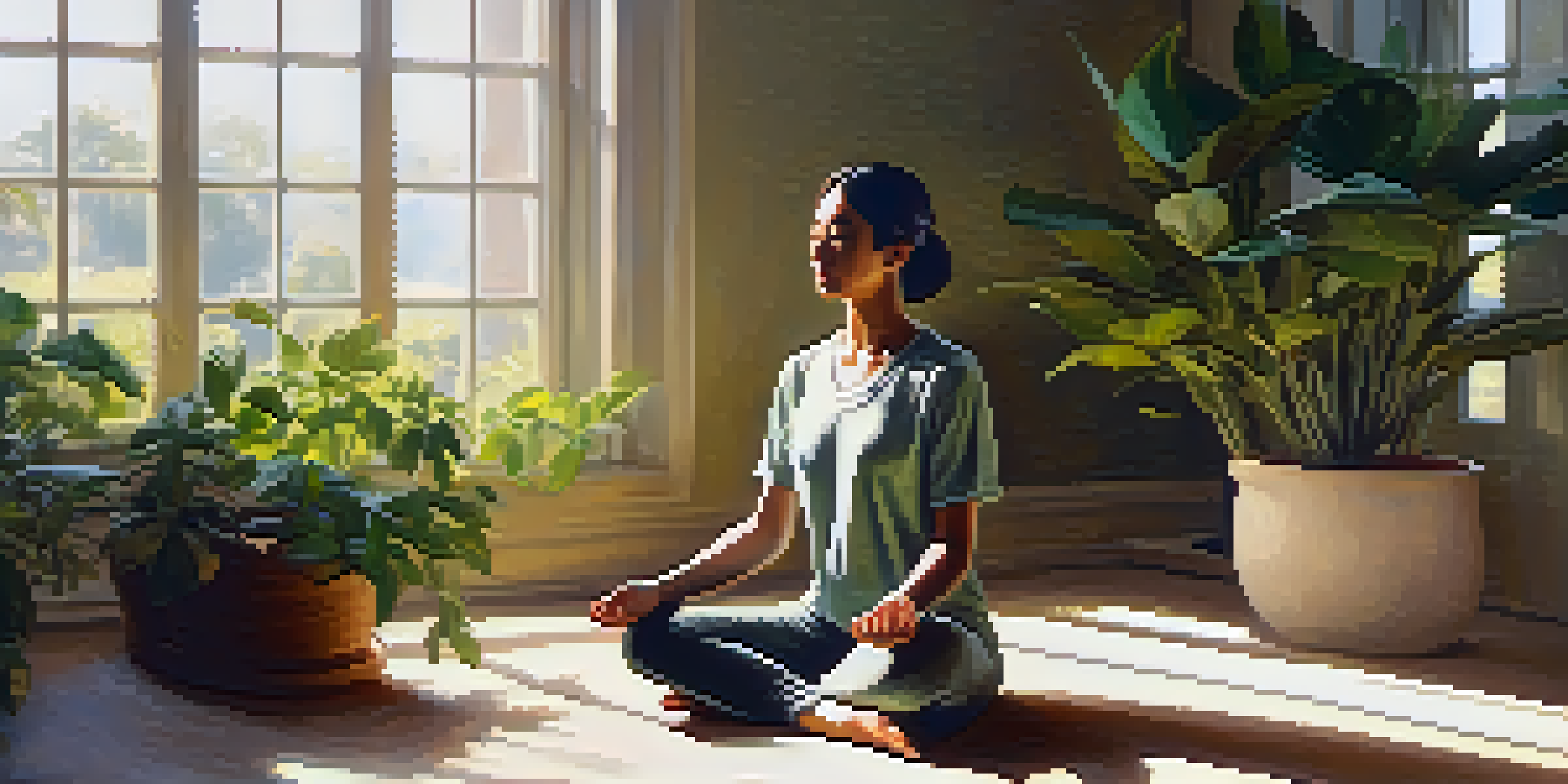 A person meditating in a sunlit room filled with plants, creating a peaceful and serene environment.